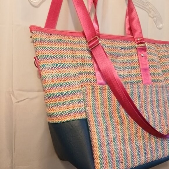 New Rasta Rainbow Tapestry & Faux Leather Shoulder Bag Purse Crossbody Pink Blue - Picture 4 of 12